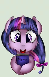 Size: 1024x1600 | Tagged: dead source, safe, artist:scarletcurl, derpibooru import, twilight sparkle, alicorn, pony, alternate hairstyle, book, braces, cheek fluff, cute, ear fluff, female, fluffy, glasses, happy, heart eyes, hoof hold, mare, meme, open mouth, signature, simple background, solo, wingding eyes