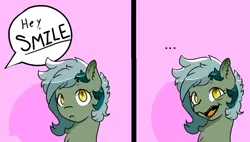 Size: 1166x663 | Tagged: artist needed, safe, artist:cherry, derpibooru import, oc, oc:nisha, unofficial characters only, bat pony, pony, ..., /mlp/, bojack horseman, comic, dialogue, drawthread, fangs, hank after dark, open mouth, reference, smiling, solo, teeth