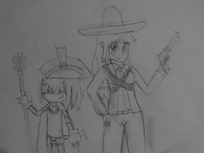 Size: 1024x768 | Tagged: applejack, appleknux, artist:brandonale, clothes, costume, crossover, derpibooru import, independence day, knuckles the echidna, mexican, mexican independence day, mexico, monochrome, montezuma, safe, sonic the hedgehog (series), traditional art