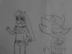 Size: 1024x768 | Tagged: safe, artist:brandonale, derpibooru import, twilight sparkle, twilight sparkle (alicorn), equestria girls, batgirl, batman, clothes, cosplay, costume, crossover, dc comics, monochrome, shadow the hedgehog, shadtwi, sonic the hedgehog (series), traditional art