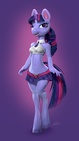Size: 507x900 | Tagged: 3d, 3d model, anthro, artist:runsammya, belly button, breasts, clothes, derpibooru import, midriff, skirt, solo, suggestive, twilight sparkle