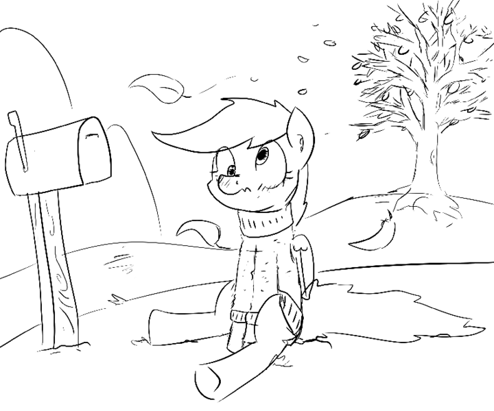 Size: 792x660 | Tagged: artist needed, safe, derpibooru import, derpy hooves, pegasus, pony, /mlp/, autumn, blushing, clothes, drawthread, female, leaves, mailbox, mare, monochrome, sitting, solo, sweater, tree, turtleneck, wind