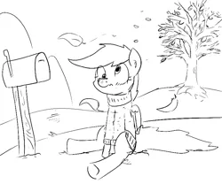 Size: 792x660 | Tagged: artist needed, safe, derpibooru import, derpy hooves, pegasus, pony, /mlp/, autumn, blushing, clothes, drawthread, female, leaves, mailbox, mare, monochrome, sitting, solo, sweater, tree, turtleneck, wind