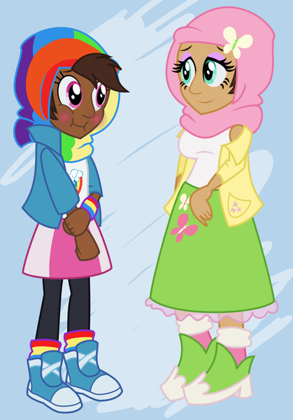 Size: 973x1392 | Tagged: artist:itoruna-the-platypus, derpibooru import, fluttershy, hijab, human, humanized, islam, islamashy, rainbow dash, safe