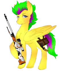 Size: 1091x1200 | Tagged: safe, derpibooru import, oc, oc:muddy, unofficial characters only, pegasus, pony, asiimov, awp, counter-strike, counter-strike: global offensive, gun, hooves, karambit, looking at you, male, optical sight, rifle, saddle bag, simple background, smiling, sniper, sniper rifle, solo, stallion, tiger tooth, transparent background, weapon, wings