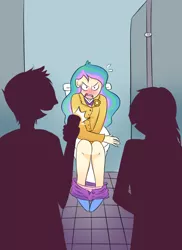 Size: 1600x2200 | Tagged: suggestive, artist:cups, derpibooru import, princess celestia, equestria girls, /mlp/, bathroom, bathroom stall, blushing, camera, drawthread, embarrassed, embarrassed nude exposure, female, imminent expulsion, mobile phone, nudity, pervert, phone, potty, potty time, principal celestia, this will end in tears and/or a journey to the moon, toilet