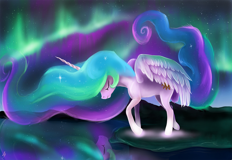 Size: 1400x967 | Tagged: artist:nightshroud, aurora borealis, derpibooru import, mirror, night, princess celestia, safe, solo, stars, water