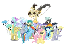 Size: 900x588 | Tagged: safe, artist:rainyhooves, derpibooru import, blossomforth, cloud kicker, cloudchaser, derpy hooves, flitter, fluttershy, frosty dew, lightning bolt, rainbow dash, rumble, soarin', spitfire, spring melody, sprinkle medley, sunshower raindrops, thunderlane, tornado bolt, white lightning, wild fire, pegasus, pony, pony creator, female, frosty hooves, mare, simple background, transparent background