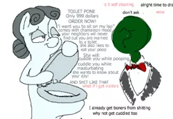 Size: 457x314 | Tagged: artist:anontheanon, bedroom eyes, but why, derpibooru import, dialogue, grin, human, implied scat, object pony, oc, oc:anon, oc:kohlette, original species, ponified, pun, simple background, suggestive, toilet, toilet pony, unofficial characters only, vulgar, wat, what has science done