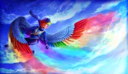 Size: 1856x1075 | Tagged: artist:9de-light6, cloud, cloudy, derpibooru import, flight, flying, human, humanized, rainbow, rainbow dash, safe, solo, winged humanization