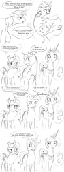 Size: 1280x3412 | Tagged: safe, artist:silfoe, derpibooru import, night light, princess cadance, shining armor, twilight sparkle, twilight sparkle (alicorn), twilight velvet, alicorn, pony, royal sketchbook, :<, :c, derp, dialogue, drunk, drunk velvet, female, floppy ears, frown, grayscale, grin, magic, mare, monochrome, raised eyebrow, raised hoof, sketch, smiling, smirk, speech bubble, telekinesis, unamused, underhoof