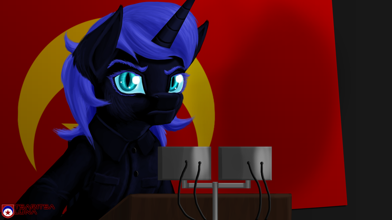 Size: 1920x1080 | Tagged: safe, artist:tsaritsaluna, derpibooru import, nightmare moon, ponified, alicorn, pony, alternate hairstyle, clothes, flag, josef stalin, nagt, newbie artist training grounds, podium, russia, solo, soviet, soviet union, uniform