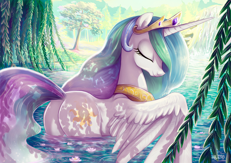 Size: 1200x849 | Tagged: safe, artist:yulyeen, derpibooru import, princess celestia, alicorn, pony, beautiful, butt, crown, cute, cutelestia, cutie mark, dappled sunlight, ethereal mane, ethereal tail, eyes closed, feather, female, flowing mane, flowing tail, forest, image, jewelry, jpeg, lake, majestic, mare, multicolored mane, multicolored tail, peaceful, peytral, plot, praise the sun, regalia, royalty, scenery, smiling, solo, spread wings, sunbutt, swanlestia, sweet dreams fuel, swimming, tiara, water, waterfall, weeping willow, wet