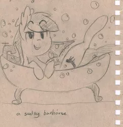 Size: 1853x1914 | Tagged: safe, artist:flowbish, derpibooru import, oc, oc:inky, unofficial characters only, bat pony, pony, bath, bathing, bathtub, bubble, claw foot bathtub, monochrome, pun, raised eyebrow, sketch, smiling, solo, suds, text, traditional art, visual pun