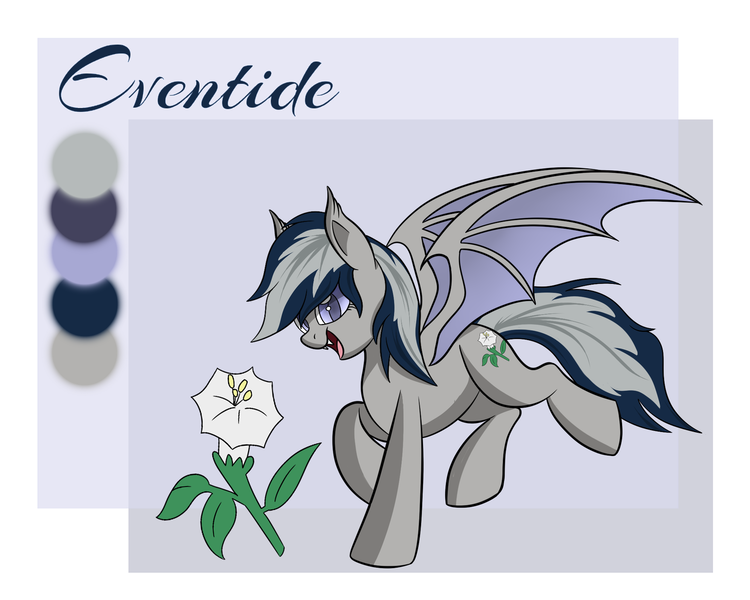 Size: 1500x1200 | Tagged: safe, artist:stradiverra, derpibooru import, oc, oc:daturea eventide, unofficial characters only, bat pony, pony, flower, reference sheet, solo