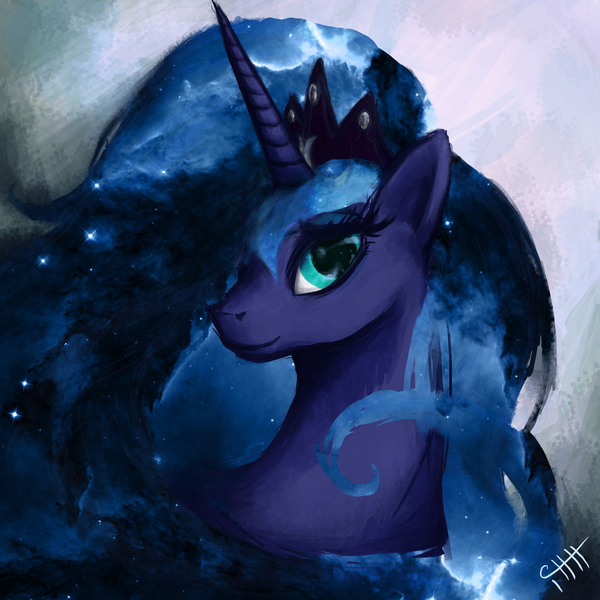 Size: 2480x2480 | Tagged: safe, artist:mellow-iris, derpibooru import, princess luna, pony, female, galaxy mane, looking at you, mare, portrait, pretty, smiling, solo