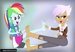 Size: 1024x717 | Tagged: safe, artist:maze1000, derpibooru import, gilda, rainbow dash, human, equestria girls, barefoot, duo, equestria girls-ified, feet, female, foot fetish, open mouth, raised foot, raised leg, sitting, sweat, sweatdrop, tickling, ticklng