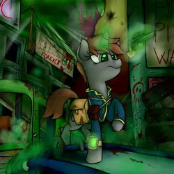 Size: 2000x2000 | Tagged: semi-grimdark, artist:impcjcaesar, derpibooru import, pinkie pie, oc, oc:littlepip, earth pony, pony, unicorn, fallout equestria, fanfic, billboard, canterlot, clothes, fanfic art, female, forever, glowing horn, gun, handgun, hooves, horn, levitation, little macintosh, looking at you, magic, mare, ministry mares, ministry of morale, pinkie pie is watching you, pipbuck, poster, propaganda, radiation, revolver, ruins, saddle bag, smiling, solo, telekinesis, text, vault suit, weapon