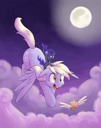 Size: 1687x2137 | Tagged: safe, artist:yeendip, derpibooru import, derpy hooves, princess luna, alicorn, pegasus, pony, do princesses dream of magic sheep, cloud, cloudy, derpysaur, dream, dream walker luna, duo, female, flying, full moon, giantess, lesbian, lunaderp, macro, mare, moon, muffin, night, open mouth, ponies riding ponies, raised hoof, shipping, smiling, winged muffin