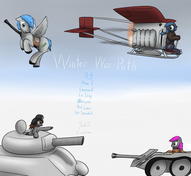Size: 1280x1184 | Tagged: safe, artist:the-furry-railfan, derpibooru import, oc, oc:crash dive, oc:featherweight, oc:night strike, oc:pressure cooker, unofficial characters only, earth pony, pegasus, pony, anti-tank rifle, cannon, clothes, diving suit, flying machine, hat, inflatable, jacket, m4 sherman, serious business, snow, snowball fight, story, tank (vehicle), title page, vehicle