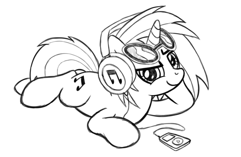 Size: 5176x3376 | Tagged: safe, artist:drawponies, derpibooru import, vinyl scratch, unicorn, female, headphones, ipod, mare, monochrome, sketch, solo