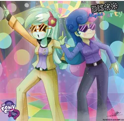 Size: 1464x1427 | Tagged: safe, artist:the-butch-x, derpibooru import, bon bon, lyra heartstrings, sweetie drops, equestria girls, rainbow rocks, 1970s, clothes, dancing, disco, disco ball, disco dance, female, jewelry, logo, necklace, party, signature, sunglasses