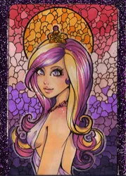 Size: 400x560 | Tagged: aceo, artist:forunth, breasts, clothes, derpibooru import, dress, female, human, humanized, looking at you, looking back, portrait, princess cadance, sideboob, smiling, solo, solo female, suggestive, traditional art