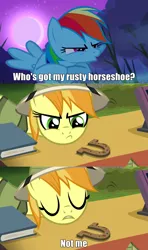 Size: 909x1533 | Tagged: caption, derpibooru import, meme, rainbow dash, rusty horseshoe, safe, screencap, sleepless in ponyville, teddie safari, trade ya