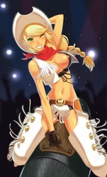 Size: 1838x3038 | Tagged: applejack, armpits, artist:polarityplus, belly button, breasts, busty applejack, canter calendar, chaps, cleavage, clothes, derpibooru import, explicit source, female, human, humanized, mechanical bull, midriff, solo, suggestive, vest