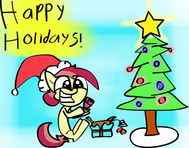 Size: 2496x1954 | Tagged: safe, artist:xarktisflamex, derpibooru import, roseluck, christmas, christmas tree, happy holidays, hat, present, rose, santa hat, solo, tree