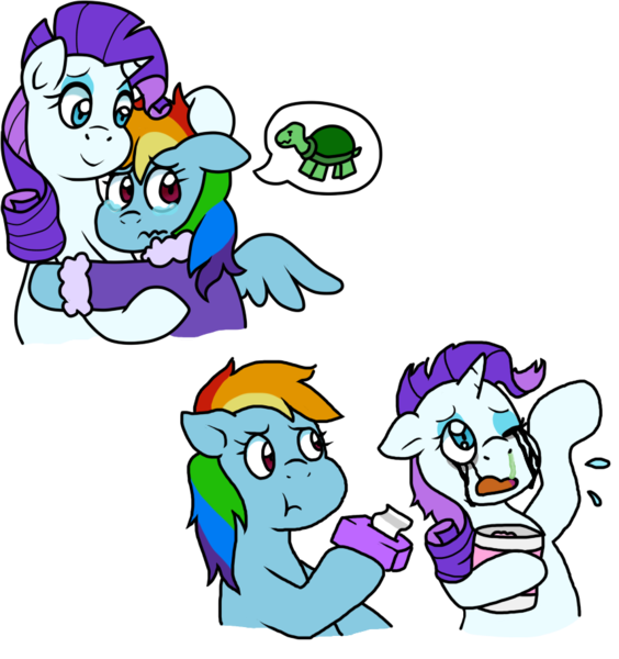 Size: 855x910 | Tagged: artist:stockingstreams, bathrobe, clothes, comforting, crying, derpibooru import, female, hug, ice cream, lesbian, rainbow dash, raridash, rarity, robe, safe, shipping, tissue, tissue box