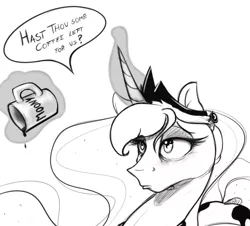 Size: 820x740 | Tagged: artist:asadama, bedroom eyes, coffee, coffee mug, cute, derpibooru import, frown, levitation, luna loves coffee, monochrome, mug, pouting, princess luna, royalty, sad, safe, sleepy, solo, tired