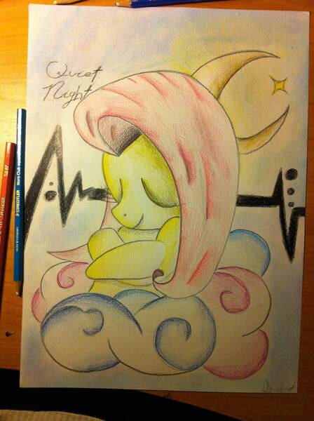 Size: 1936x2592 | Tagged: artist:thebronyartist99, cloud, crescent moon, derpibooru import, drawing, eyes closed, female, fluttershy, mare, moon, safe, solo, traditional art