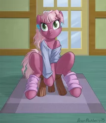 Size: 720x837 | Tagged: safe, artist:brianblackberry, derpibooru import, cheerilee, earth pony, pony, 80s, 80s cheerilee, bottomless, clothes, female, flashdance, leg warmers, partial nudity, shirt, sitting, solo, stool, younger