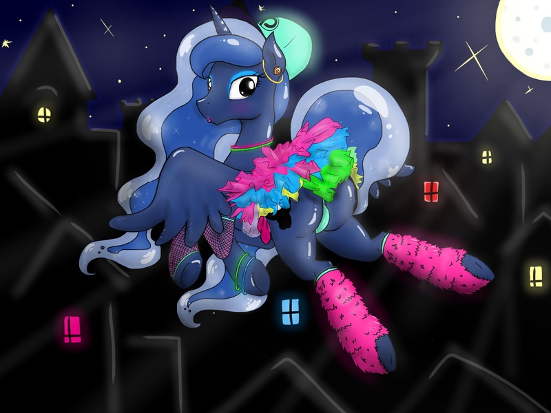 Size: 2048x1536 | Tagged: artist:askcockyflash, bimbo, bracelet, clothes, derpibooru import, female, fishnets, glowstick, green underwear, leg warmers, lipstick, neon, night, panties, patreon, princess luna, rave, skirt, solo, solo female, suggestive, tutu, underwear, upskirt