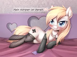 Size: 1797x1324 | Tagged: suggestive, artist:aryanne, derpibooru import, oc, oc:aryanne, unofficial characters only, earth pony, pony, bed, bedroom eyes, blushing, clothes, condom, earring, female, german, heart, lingerie, looking at you, my body is ready, nazi, necklace, outline, piercing, sheet, smiling, socks, solo, solo female, stockings, swastika