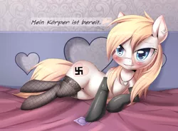 Size: 1797x1324 | Tagged: suggestive, artist:aryanne, derpibooru import, oc, oc:aryanne, unofficial characters only, earth pony, pony, bed, bedroom eyes, blushing, clothes, condom, earring, female, german, heart, lingerie, looking at you, my body is ready, nazi, necklace, outline, piercing, sheet, smiling, socks, solo, solo female, stockings, swastika