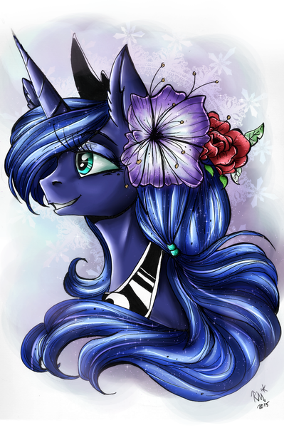 Size: 1547x2327 | Tagged: safe, artist:karmamoonshadow, derpibooru import, princess luna, flower, flower in hair, portrait, smiling, solo