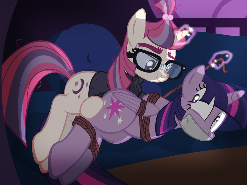 Size: 1024x768 | Tagged: suggestive, alternate version, artist:radiantrealm, derpibooru import, moondancer, twilight sparkle, twilight sparkle (alicorn), alicorn, pony, amending fences, bondage, bound wings, box tied, duct tape, female, females only, femsub, gag, image, lesbian, mare, png, rope, shipping, show accurate, show accurate porn, submissive, tape gag, tied up, twidancer, twisub