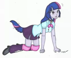 Size: 1181x964 | Tagged: safe, artist:cqmorrell, derpibooru import, twilight sparkle, dog, human, equestria girls, blouse, clothes, collar, dog ears, doggirl, eared humanization, humanized, inumimi, pet tag, simple background, skirt, skirt lift, solo, species swap, tail, tailed humanization, traditional art, transformation, twilight barkle