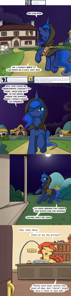 Size: 1000x4174 | Tagged: artist:theparagon, cloak, clothes, colored pupils, comic, derpibooru import, hunted luna, oc, offscreen character, pov, princess luna, saddle bag, safe, tumblr