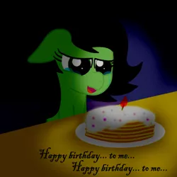 Size: 450x450 | Tagged: artist needed, safe, derpibooru import, oc, oc:anon, oc:anonfilly, unofficial characters only, birthday cake, cake, candle, crying, female, filly, happy birthday, happy birthday to me, neglect, pancakes, sad, solo, tear jerker
