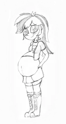 Size: 1032x1920 | Tagged: safe, artist:mlp-pregnancy-is-magic, derpibooru import, rainbow dash, equestria girls, belly, belly button, big belly, blushing, monochrome, pregnant, pregnant equestria girls, sketch, solo