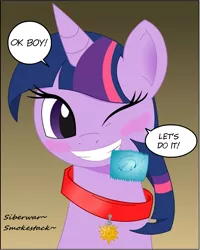 Size: 1215x1518 | Tagged: artist:siberwar, bedroom eyes, blushing, collar, condom, condom in mouth, derpibooru import, implied sex, mouth hold, one eye closed, pet tag, solo, suggestive, twilight sparkle