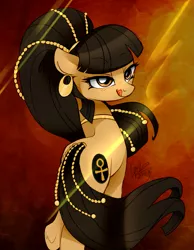 Size: 831x1073 | Tagged: safe, artist:va1ly, derpibooru import, oc, oc:cleotrotra, unofficial characters only, ankh, beads, bedroom eyes, earring, egyptian, egyptian pony, necklace, piercing, solo, tongue out, underhoof