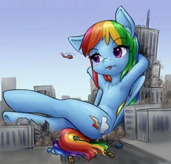 Size: 858x820 | Tagged: safe, artist:alloyrabbit, derpibooru import, rainbow dash, pegasus, semi-anthro, alternate hairstyle, armpits, blushing, cheek fluff, chest fluff, city, colored, crossed hooves, cute, destruction, ear fluff, female, giant pony, giant rainbow dash, giantess, helicopter, hooves behind head, human shoulders, leg fluff, looking, looking at something, macro, mare, mega/giant rainbow dash, reclining, sitting, sky, skyscraper, solo, tongue out, underhoof, vehicle