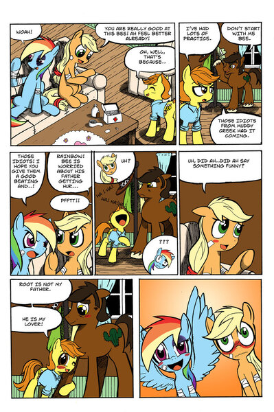 Size: 729x1095 | Tagged: safe, artist:leon-z, derpibooru import, applejack, rainbow dash, oc, oc:bee broom, oc:saguaro root, pony, comic:appledash sour sweetness, appledash, comic, female, gay, lesbian, male, shipping, wingboner