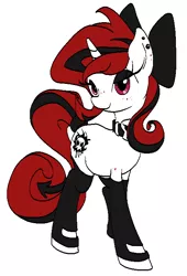 Size: 489x721 | Tagged: safe, artist:gezawatt, derpibooru import, oc, oc:lilith, unofficial characters only, pony, succubus, unicorn, bedroom eyes, boots, bow, clothes, collar, colored, cutie mark, digital art, earring, eyeshadow, female, freckles, gloves, hair bow, latex, leggings, looking at you, makeup, mare, piercing, pixel art, plump, ribbon, solo, stockings, tail