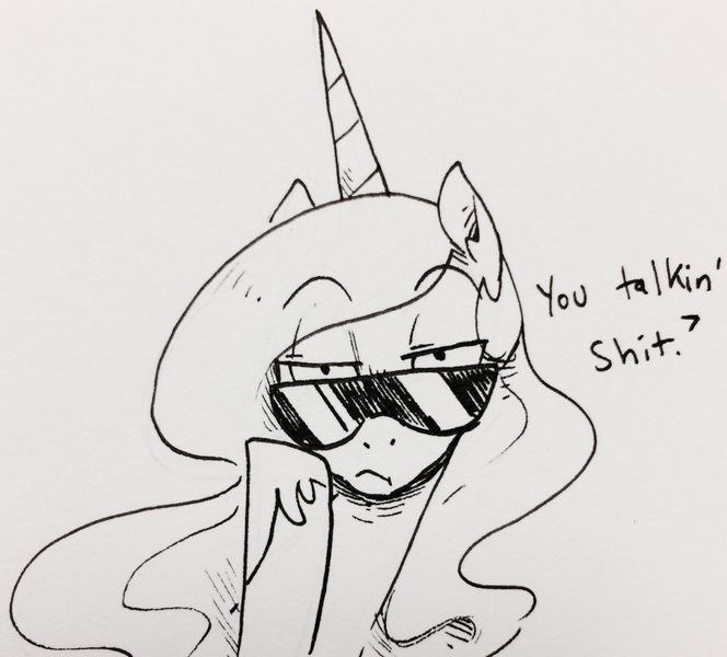 Size: 2139x1932 | Tagged: artist:glacierclear, derpibooru import, dialogue, drawthread, looking at you, /mlp/, monochrome, princess celestia, safe, solo, sunglasses, traditional art, unamused, vulgar