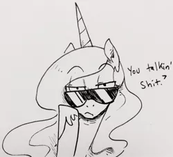 Size: 2139x1932 | Tagged: artist:glacierclear, derpibooru import, dialogue, drawthread, looking at you, /mlp/, monochrome, princess celestia, safe, solo, sunglasses, traditional art, unamused, vulgar